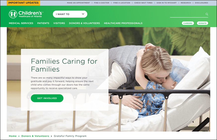 This is a screenshot of the Grateful Families page on the Children's Healthcare of Atlanta website.
