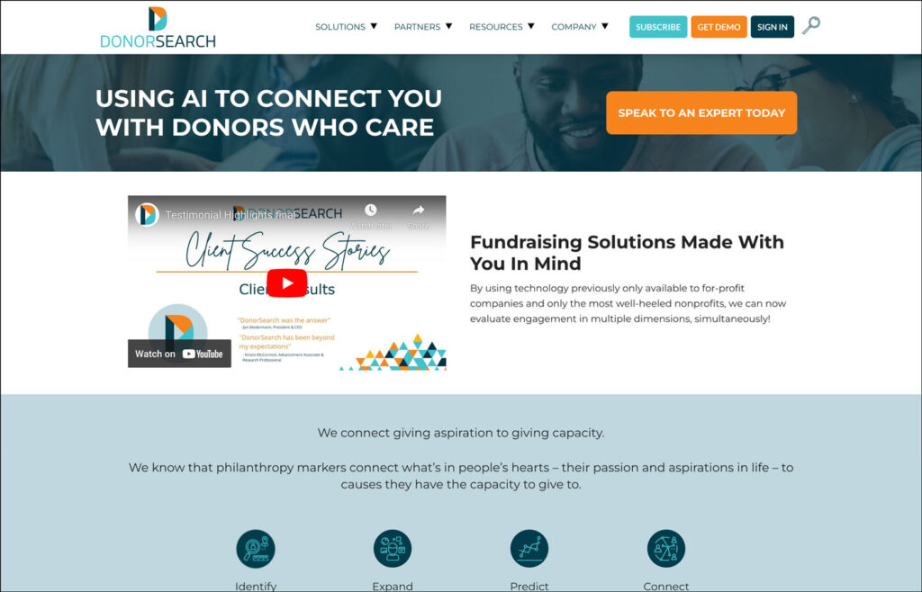 This is a screenshot of the DonorSearch homepage, where you can explore our resources on fundraising intelligence. 
