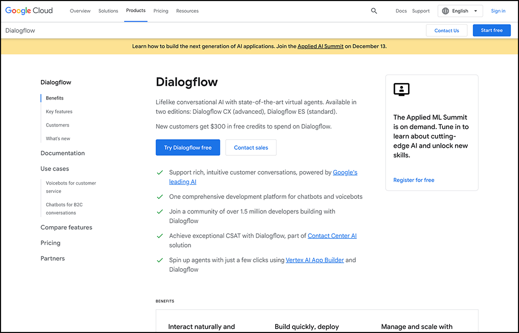 This is a screenshot of Dialogflow, an AI tool for nonprofits. 