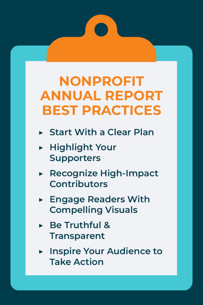 A checklist of six best practices for creating your nonprofit annual report, which are discussed in more detail below.