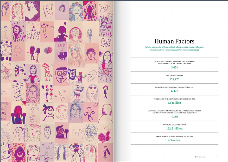 A screenshot of the first spread of the Smithsonian Institution’s nonprofit annual report book.