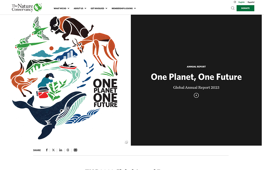 A screenshot of The Nature Conservancy’s 2023 annual report microsite.