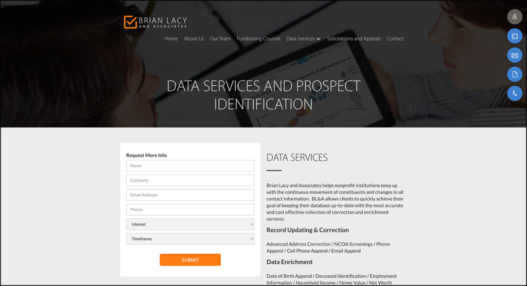 Screenshot of Brian Lacy and Associates, a consulting firm that provides various wealth screening tools to help nonprofits identify new prospects.