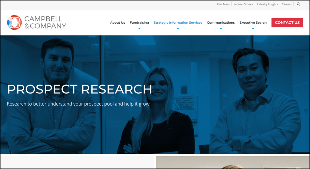 Screenshot of Campbell & Company’s website, which details how the consulting firm can support your nonprofit’s wealth screening process.