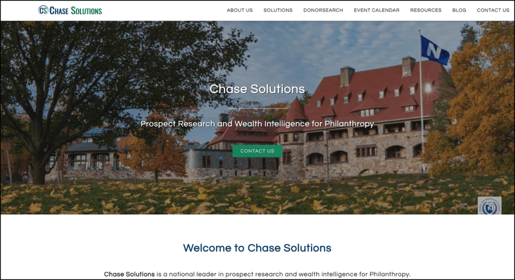 Screenshot of Chase Solutions, a consulting firm that can help your nonprofit make the most of its wealth screening tools.