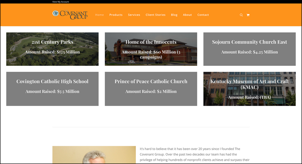 Screenshot of the Covenant Group, a consulting firm that provides wealth screening services to churches and nonprofits.