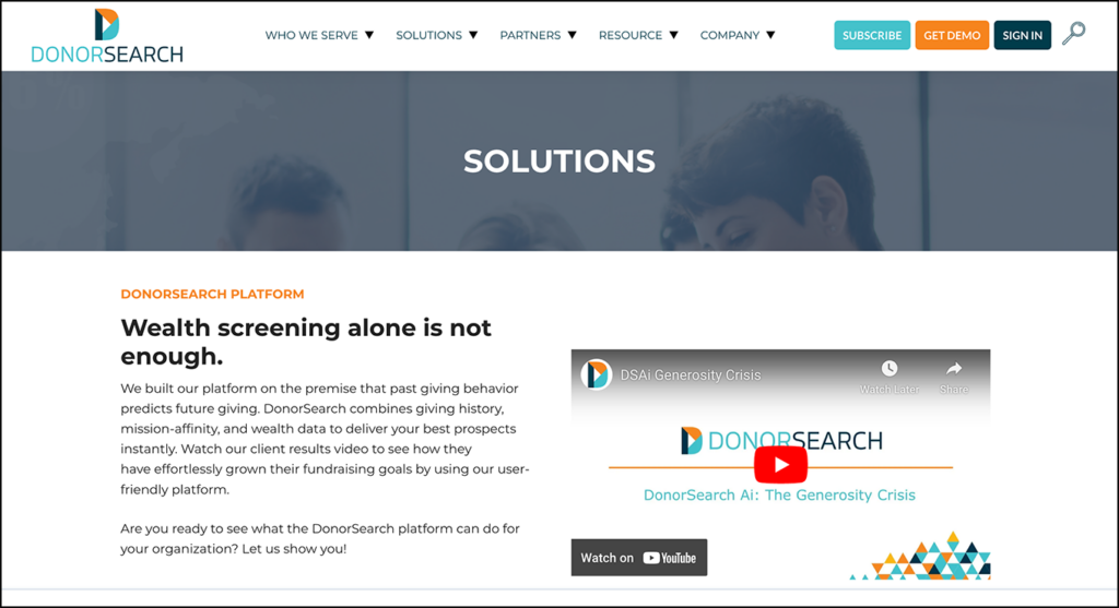Screenshot of DonorSearch’s solutions page, which features the top wealth screening tool available to nonprofits.