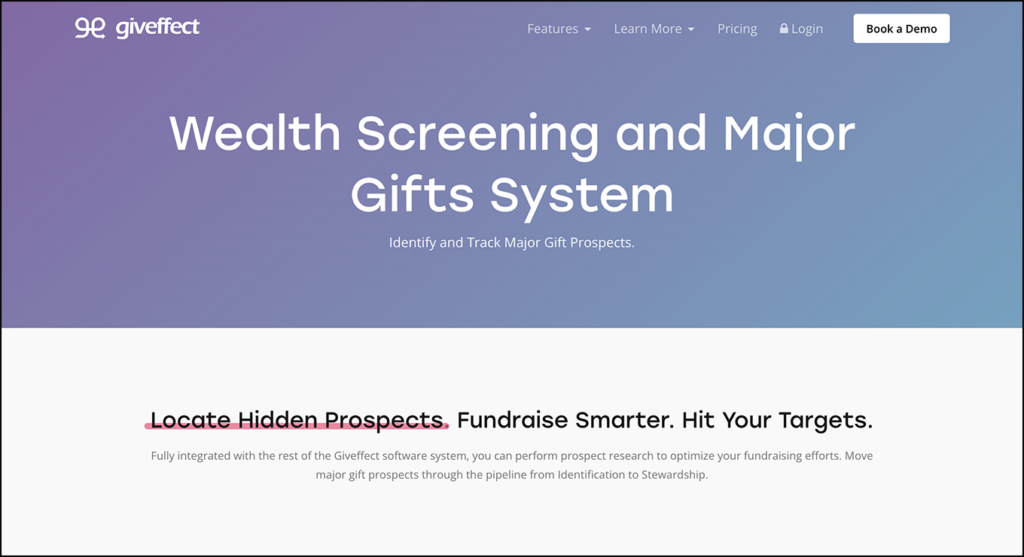 Screenshot of Giveffect’s major gifts and wealth screening software page.