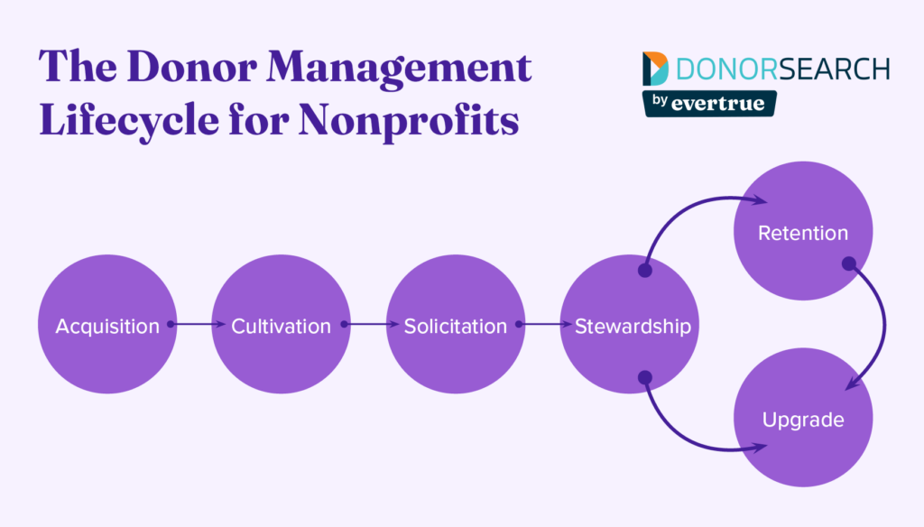 A flowchart of the stages of the donor management lifecycle, which are explained below.