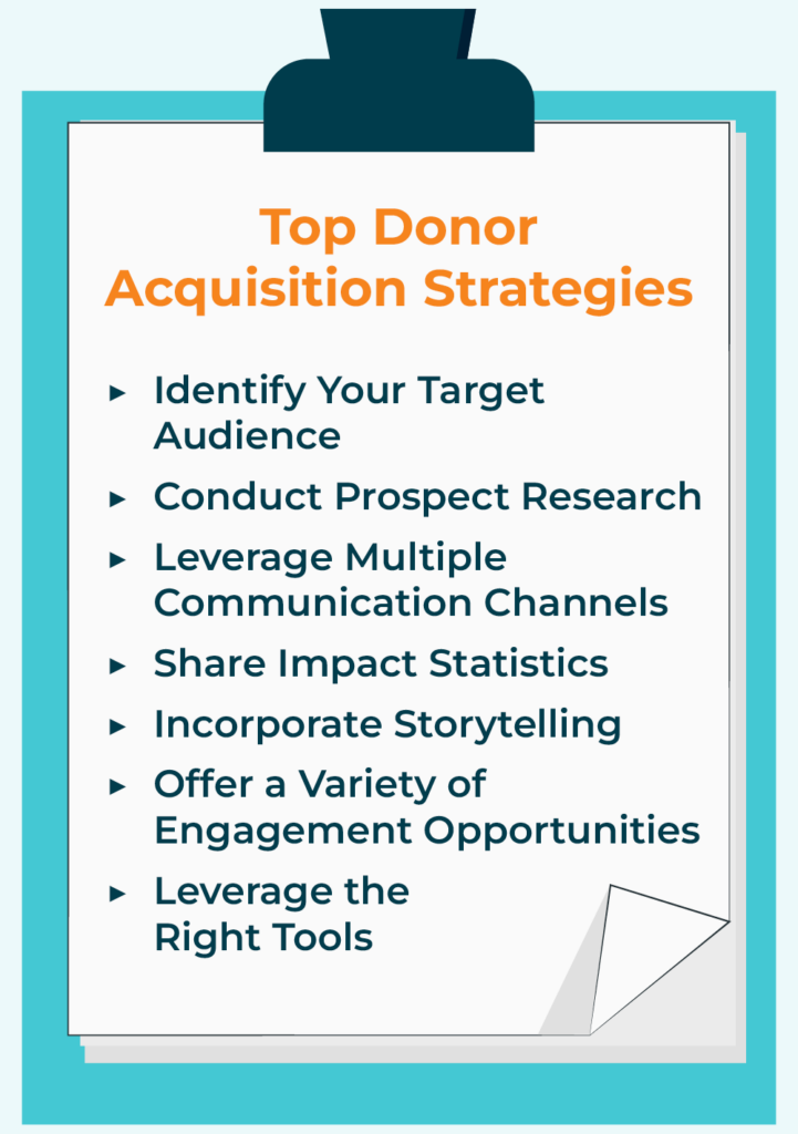 A checklist of seven strategies your nonprofit can use for donor acquisition, which are discussed in the following sections.