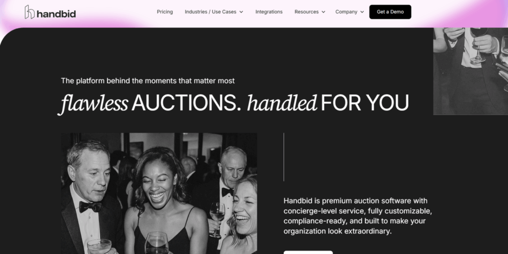 Screenshot of the Handbid homepage