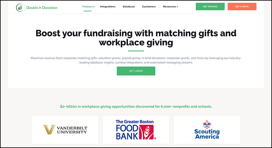 Screenshot of Double the Donation’s homepage, a type of wealth screening software that nonprofits can use to earn more from corporate giving programs.