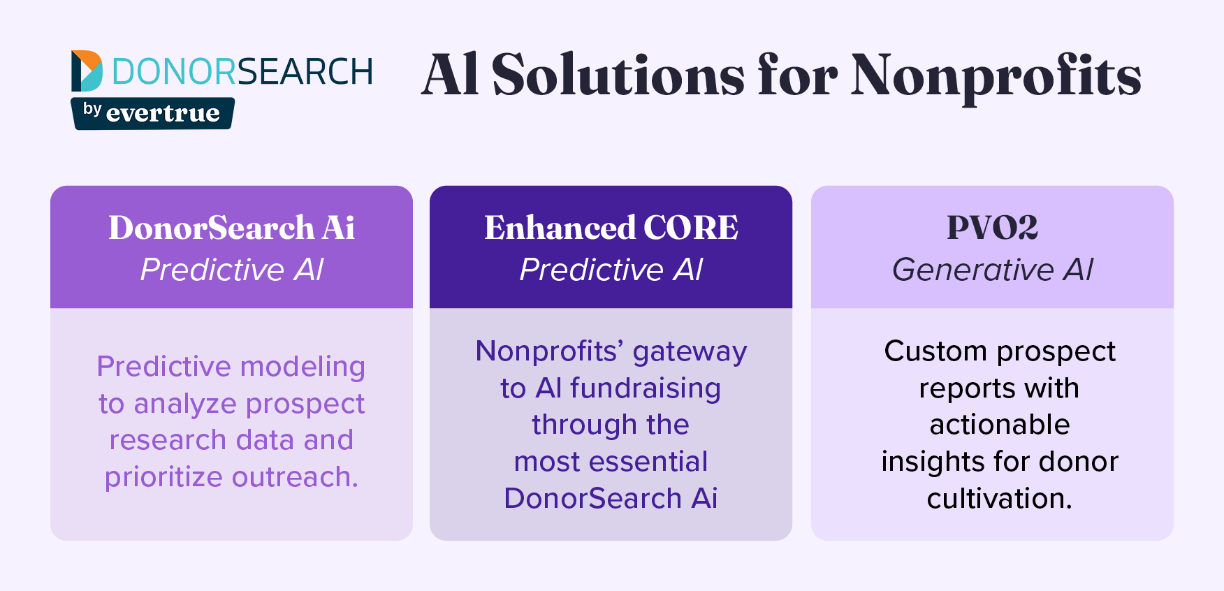 A table breaking down DonorSearch’s three AI-powered prospect research tools, which are explained below.