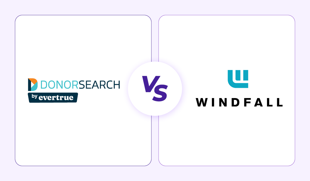 The logos of DonorSearch by EverTrue and Windfall side by side.